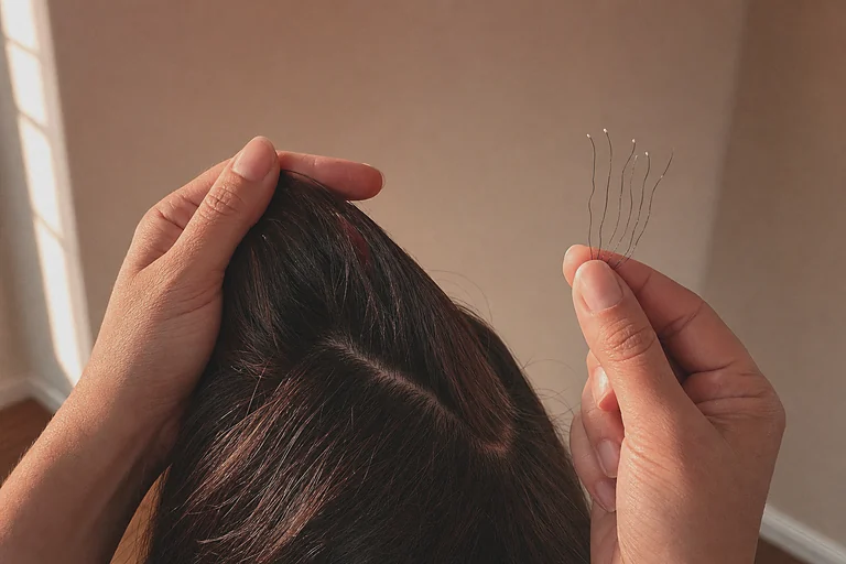 Mãos segurando uma mecha de cabelo escuro, com seis fios soltos entre dois dedos, à luz de fim de tarde