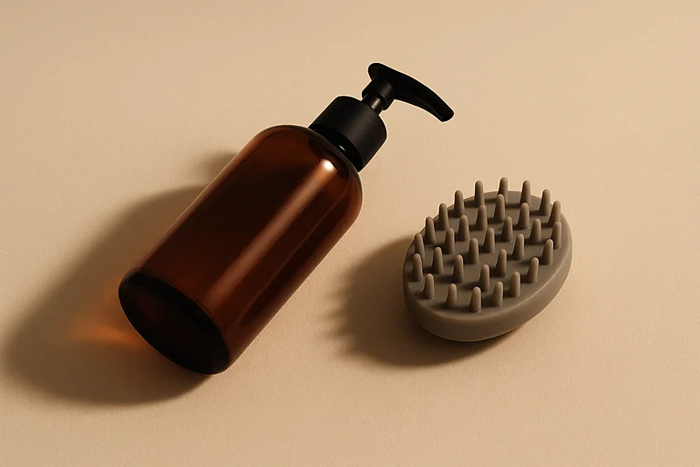 Frasco de vidro âmbar sem rótulo deitado ao lado de uma escova de silicone para couro cabeludo