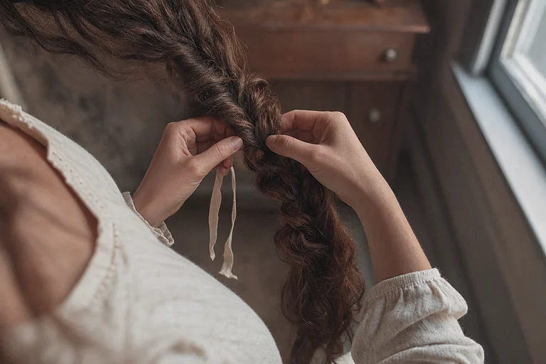 Mãos desfazendo uma trança ao amanhecer, com uma fita de algodão solta entre os dedos