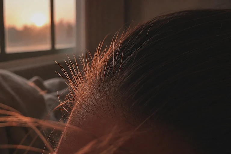 Linha frontal do cabelo em contraluz de fim de tarde, com fios novos e curtos em pé entre os longos